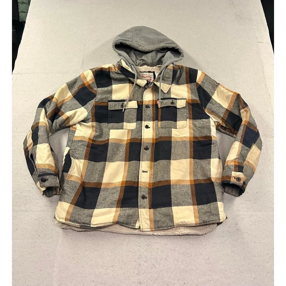 Levis Flannel Jacket Mens XL Mix Brown Plaid Sherpa Lined Hooded Full Zip THICK